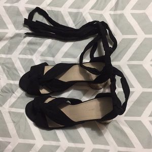 Black lace up shoes with chunky orange heels